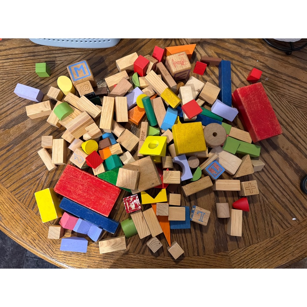 Mixed Lot Wooden Building Blocks Assorted Shapes Colors Jenga Alphabet 100+ Pcs